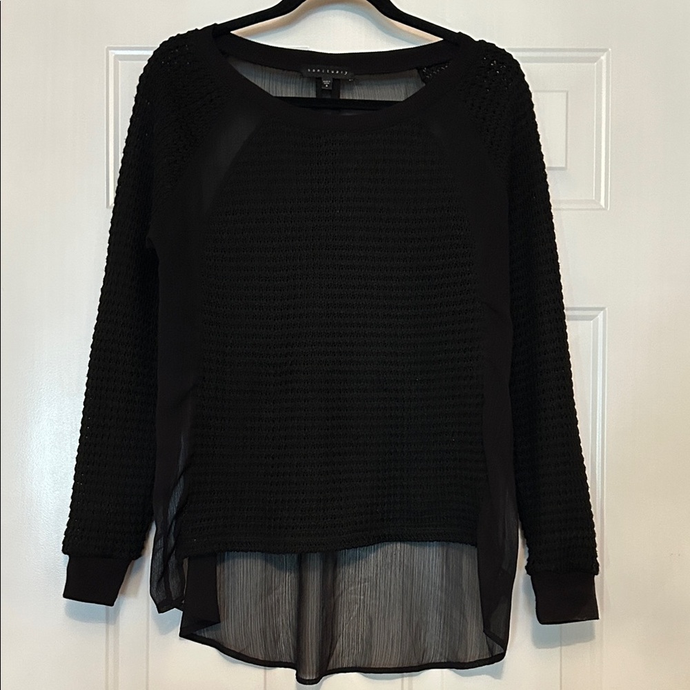 Sanctuary Oversized Crocheted Sequin Sweater S Black Body Sheer Hi/Low Hem Glam